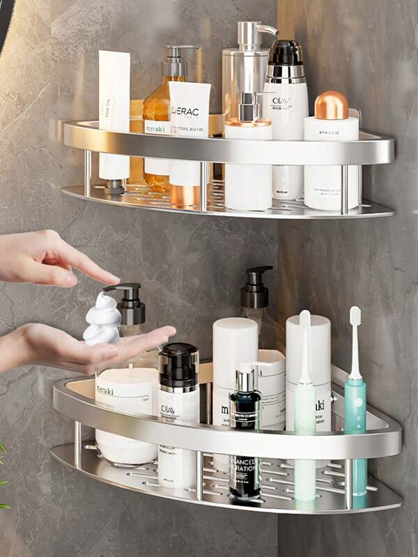 2pcs Aluminum Bathroom Triangle Rack, Shower Corner Storage Shelf, Wall-Mounted Organizer For Bathroom, Vanity, Accessories, Decor, Suitable For Bathroom, Kitchen Sink, Vanity, Toilet Area, No Drilling Installation