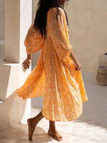 Eilly Bazar Plus Size Boho Floral Print Batwing Sleeve Smock Dress, For Summer - Yellow - View 3