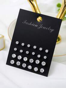 12 Pairs Cubic Zirconia Stud Earrings Set For Women, Suitable For Daily Wear - Clear - View 1