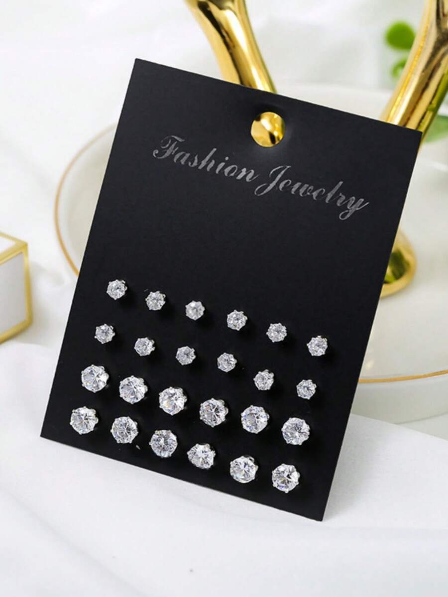 12 Pairs Cubic Zirconia Stud Earrings Set For Women, Suitable For Daily Wear - Clear - View 1