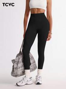 TCVC Mallas de unicolor de cintura alta para mujeres, leggings deportivos de alta elasticidad, moldeado corporal, control de abdomen de cintura alta, adecuado para deportes interiores y exteriores, yoga