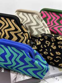 Top Selling Wave Pattern Knitted Handbag & Cosmetic Bag Set, Striped, Large Capacity, Everyday Versatile, High-End Clamp Bag - Multicolor - View 8