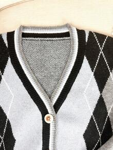 Vintage Style Contrast Color Rhombus Pattern Knitted Vest, No Shirt - Grey - View 5