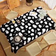 1 pieza Mantel rectangular, 145cm (57.08 pulgadas) de diámetro, 140x180cm (55.11 pulgadas x 70.86 pulgadas). Mantel de poliéster con estampado de fantasmas negros y blancos para Halloween, fondo negro con fantasmas blancos de dibujos animados y "¡BÚ!", adecuado para fiesta de Halloween, reunión de niños, decoración de restaurantes y decoración del hogar