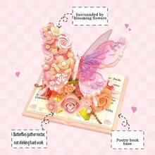 Elegant Fashionable Pink Butterfly Series Handmade Assembly Building Blocks Furniture Decor Set, Music Box Blooming Butterfly + Flower Cover, Suitable For Valentine's Day, Mother's Day, Birthday Gifts And Fashionable Lady's Desk Decorations