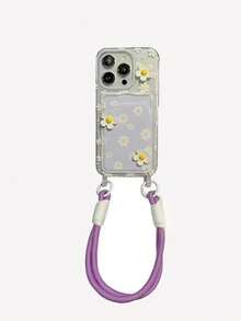 Flower INS Summer Colorful Floral Lanyard Card Holder Phone Case Compatible With IPhone 16 Pro Max/Compatible With IPhone 15 Pro Max New Model, Compatible With IPhone 11, Creative Compatible With IPhone 12 Soft Case, Compatible With IPhone 14 Pro/13 Anti-Fall Full Coverage Female Cover Waterproof Shockproof Scratch Resistant - Mauve Purple - View 5