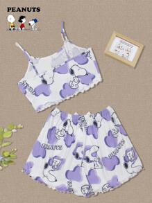 SNOOPY Authorized PEANUTS Snoopy Summer Sweet Cartoon Graphic Top & Shorts Women's Summer Cute Style Pajama Two Pieces Set Outfit