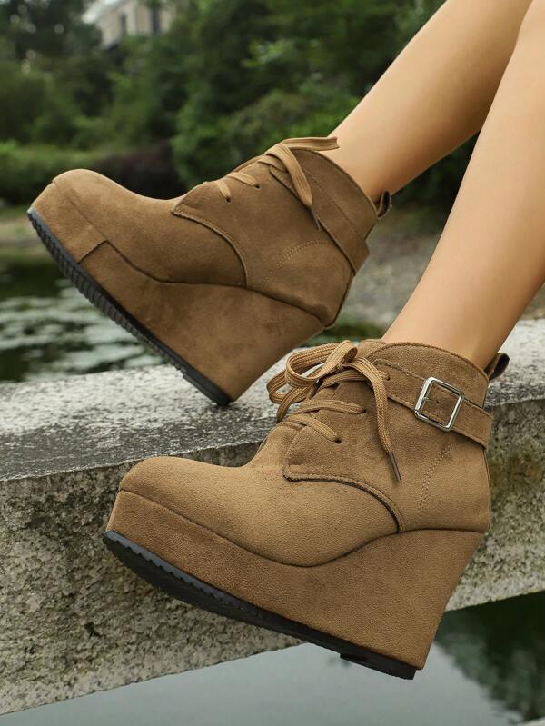 Women's Autumn/Winter New Suede Ankle Boots, Wedge Heel Thick Sole Lace-Up Casual Comfortable Vacation Party Solid Color Chelsea Boots