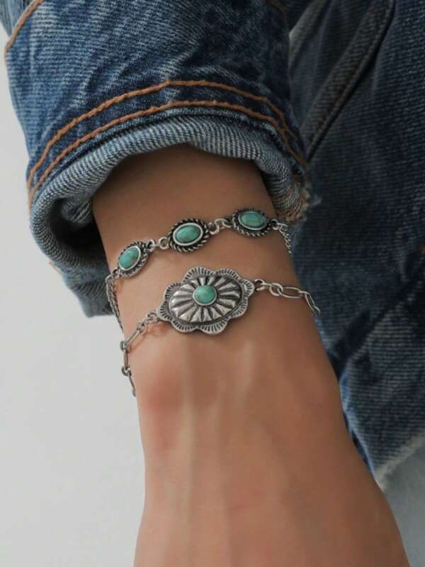 2pcs Western Style Turquoise Beaded Bracelet Set, Casual Holiday Versatile Accessories