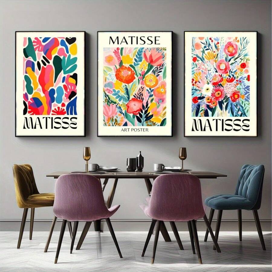 三联充满活力的“马蒂斯”花卉帆布艺术画套装 - 现代墙面装饰,松木画框,适用于客厅、卧室、厨房、家庭办公室 - 色彩缤纷的抽象海报,是咖啡馆、酒吧、宿舍、墙面装饰、客厅的理想之选 - 彩色 - 查看 1