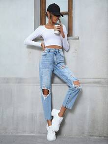 Pantalones vaqueros rotos y casuales de tela vaquera versátiles y de moda tipo 'mom', de ajuste relajado para uso diario y viajes, ideales para primavera/verano - Azul - Ver 3