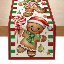 1 pieza Camino de mesa navideño con diseño de hombre de jengibre y decoración de caramelos, decoración roja y verde para restaurante, fiesta, interior/exterior, decoración de mesa de lino para fiesta de Navidad vintage - Fácil de limpiar - Decoración navideña de hombre de jengibre, Fibra de poliéster de alta calidad para el hogar - Multicolor - Ver 19