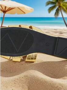 [AFBC-Gem] Women's Flat Sandals,Women's Gold Textured Sandals - Metallic H-Strap Slides, Luxe Summer Sandals With Non-Slip Sole, Fashionable Dressy Outdoor Slippers, Flat Beach Sandals For Vacation