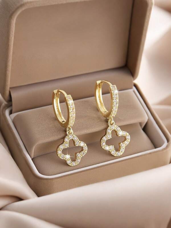 1 par de pendientes elegantes de gota con flor hueca de material de cobre con circonita, sencillos y sofisticados (sin caja de regalo)