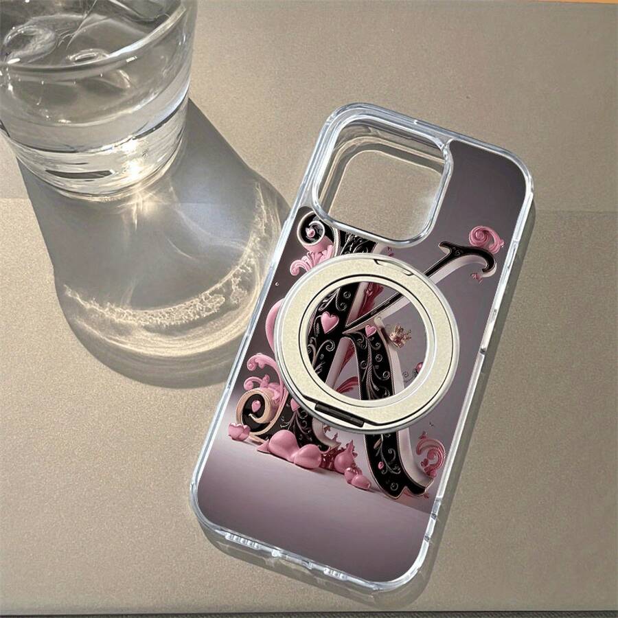 Funda para teléfono (1 unidad) con diseño de letras y flores, parte trasera de acrílico adhesivo de alta transparencia, soporte magnético giratorio y resistente, base lisa transparente que evita caídas y permite colocar el teléfono en posición vertical. Compatible con phone 16, 15, 14, 13, PRO y PROMAX - transparente - Ver 1