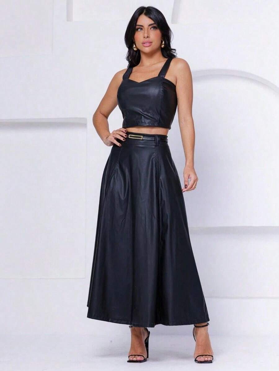Conjunto de couro saia com cinto cropped com bojo Rodeio - Preto - Visão 1