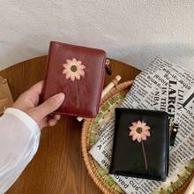 1pc Women Short Sunflower Embroidered Bifold Wallet, Retro Fashionable Sunflower Zipper Coin Purse, Suitable For Girls, Ladies, Career Starters And Office Workers, Great For Work, Business Trip, Commute, Outing And Travel