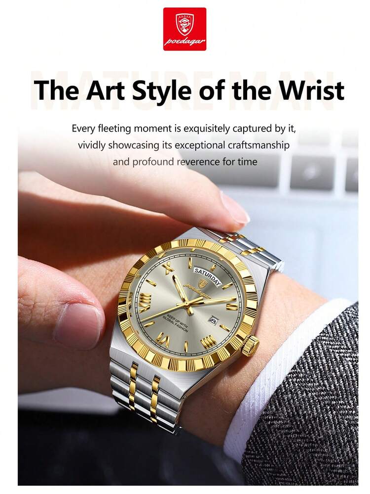 POEDAGAR 1pc Business Classic Men's Week Date Stainless Steel Quartz Watch For Man, Casual Waterproof Luminous Men Wristwatch, Fashion Luxury Male Watches Suitable For Office Occasion, Holiday Gifts For Men - Multicolor - View 7