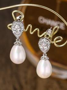 2 piezas de pendientes de diseño de lágrima con perla CZ de estilo europeo y americano elegante, joyería de lujo para mujer