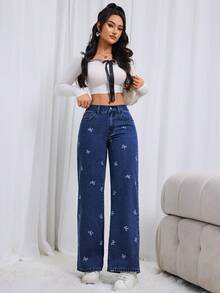 女士时尚休闲蝴蝶印花弹力腰阔腿宽松无弹力深蓝色牛仔裤 春季款 - 深色水洗藍 - 查看 5