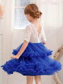 Girls'Contrast Lacek Tulle Puffy Princess Dress, Cake Skirt Suitable For Birthday Party, Flower Girl, Wedding, School Performance, Holiday Celebration - Royal Blue - View 7