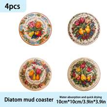 1 Set / 4 Piezas / 6 Piezas: Posavasos de barro de diatomitas con patrón de tulipanes y frutas, posavasos de café con flores, decoraciones para ocasiones múltiples para el hogar y restaurantes, regalos diarios, decoraciones de mesa, decoraciones diarias, decoraciones para fiestas temáticas