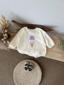 INS 女婴/男婴可爱冰淇淋刺绣柔软米色长袖连体衣,春秋季 - 米色 - 查看 4