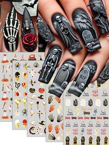 FULL BEAUTY 8 件金色万圣节可爱美甲贴纸烫金骷髅南瓜蜘蛛骨头骷髅刀棺材蝎子心月亮星星哥特式惊悚美甲装饰指甲用品