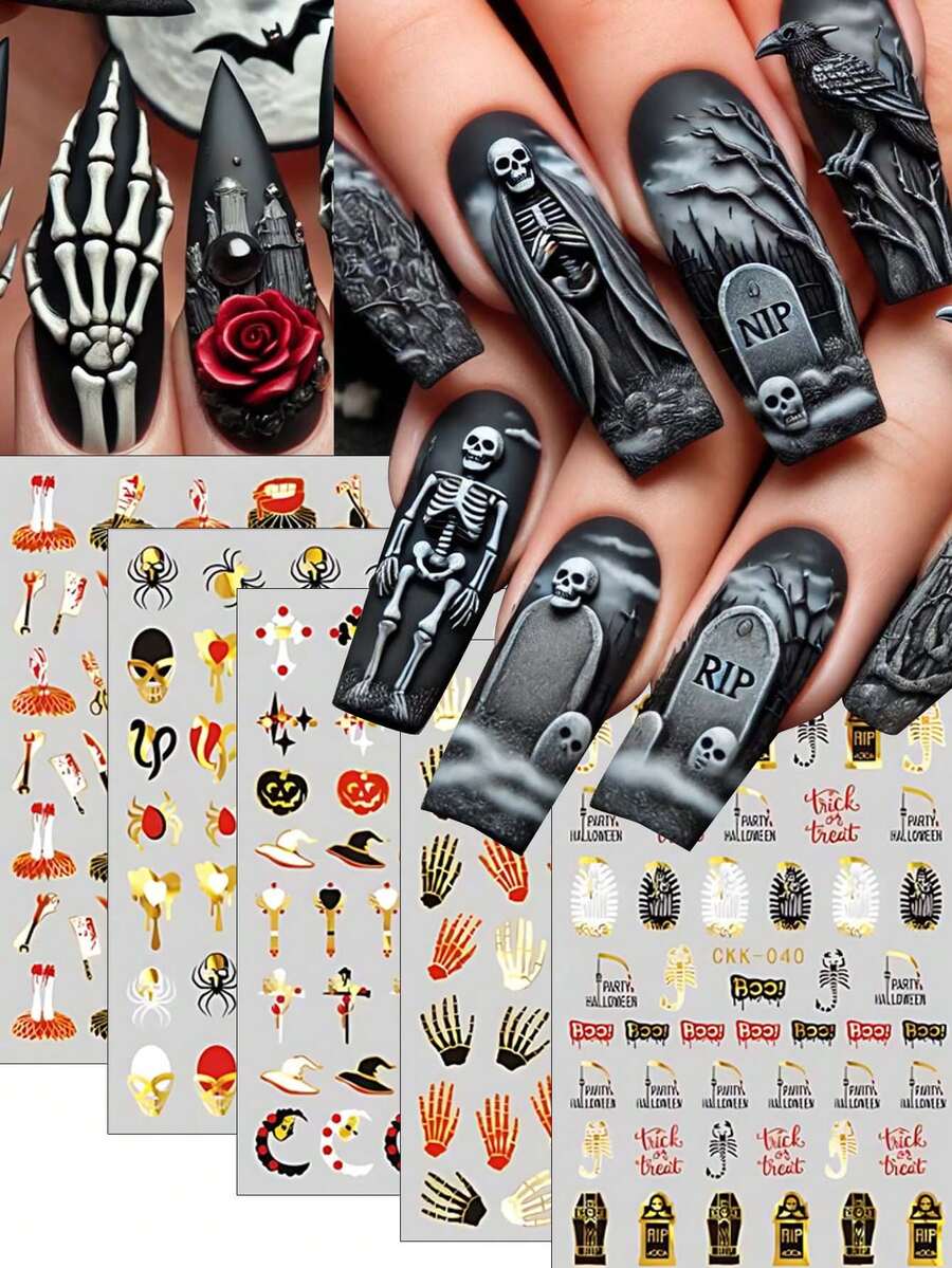 FULL BEAUTY 8 件金色万圣节可爱美甲贴纸烫金骷髅南瓜蜘蛛骨头骷髅刀棺材蝎子心月亮星星哥特式惊悚美甲装饰指甲用品