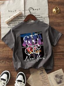 男童休闲印花圆领短袖T恤，夏季上衣 - 深灰色 - 查看 3