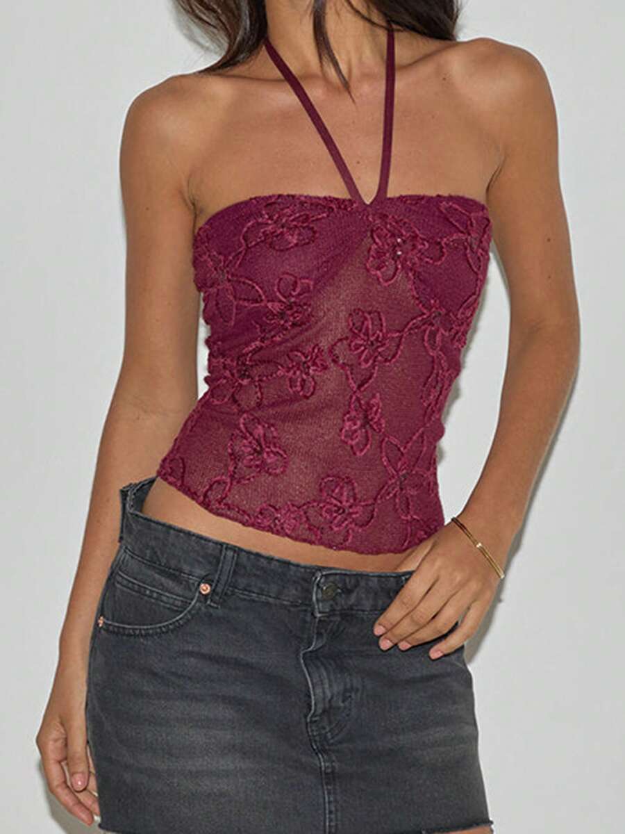 Women Fairy Grunge Camisole Tops Summer Y2k Floral Halter Neck Crop Tops Summer Sequin Slim Fit Backless Sleeveless Tank Tops Going Out Vest Tops Vintage Aesthetic Clothes Streetwear - 酒紅色 - 查看 1