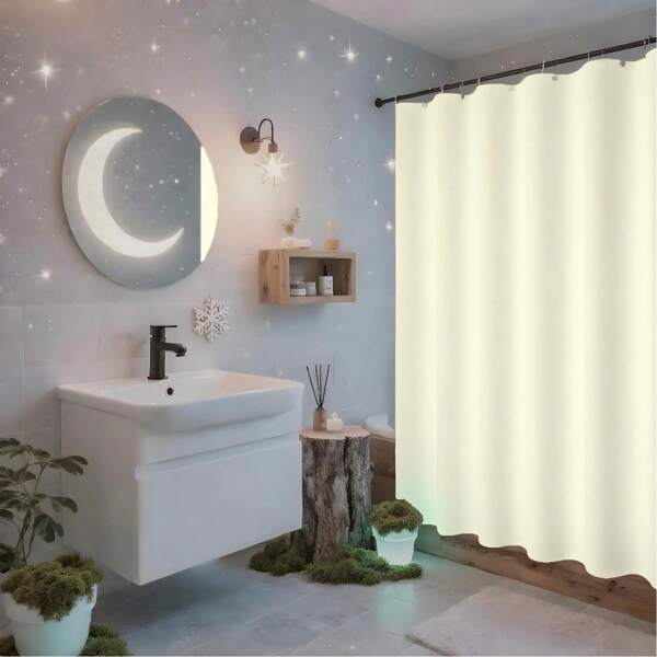 180cm X 180cm Beige PEVA Shower Curtain With Waterproof, Moisture-Proof, Mildew-Resistant, Antibacterial, And Features. Suitable For Bathroom, Living Room, And Home Decor. Includes 3 Magnetic Weights And 12 White Plastic Hooks For Use As Curtain Or Room Divider.