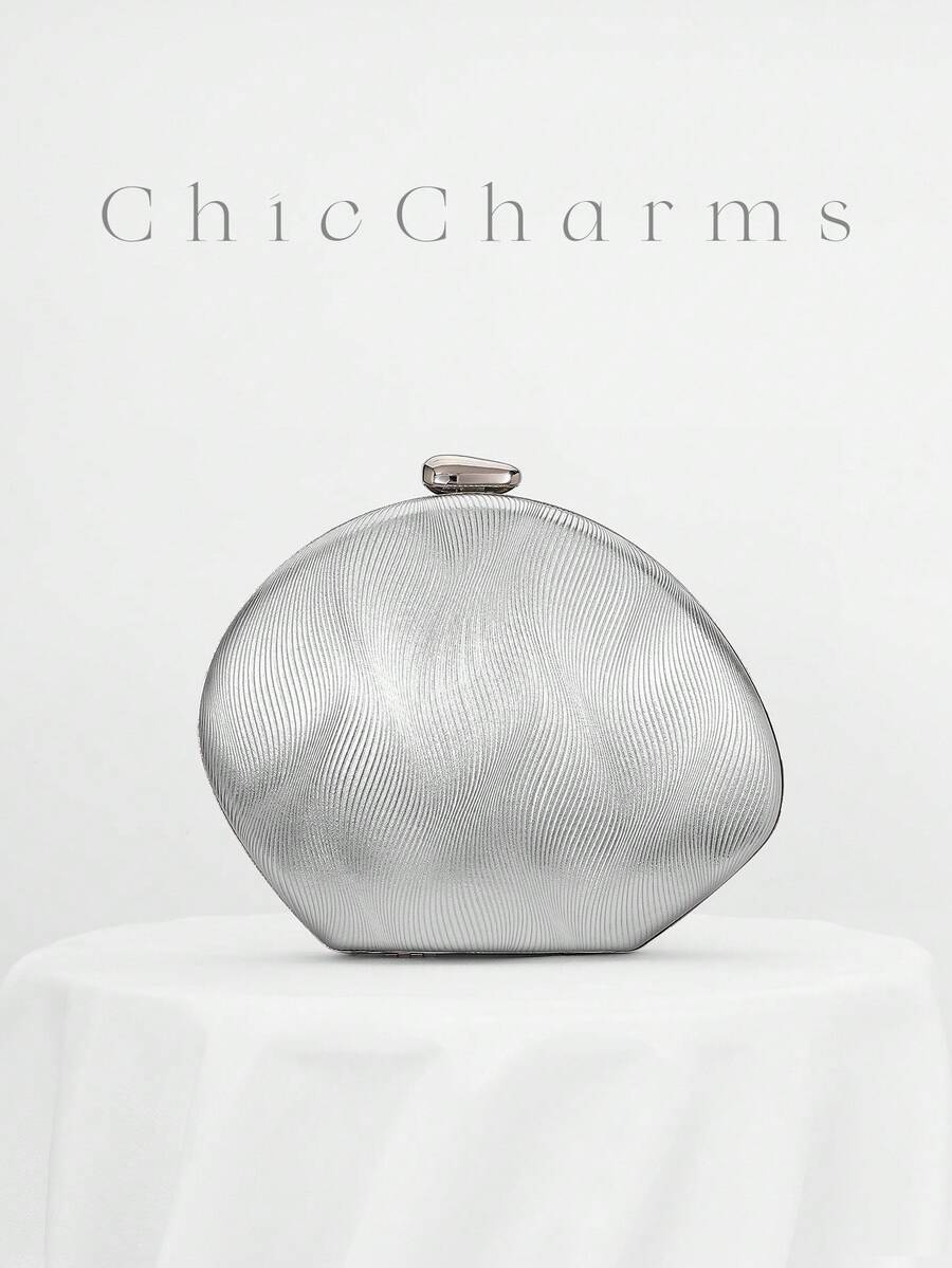 Women's Minimalist Chic Gold PU Ripple Design Box-Shaped Evening Clutch, Suitable For Banquet, Wedding, Formal Party, Prom, Bridal Accessories, Chain Strap, Random Texture, Graduation - Silver - View 1