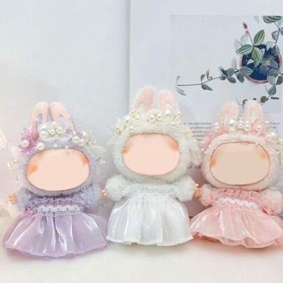 [Solo ropa] Conjunto de disfraz popular de muñeca Labobo de 17 cm de la 1ra/2da/3ra generación - Diadema con flor de perla, vestido de novia, vestido de princesa, compatible con Labubu