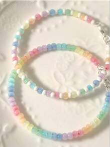 1pc Handmade Rainbow Beaded Bracelet With Cat Eye Stone Accents, Cute Design For Girls (Actual Size May Vary)