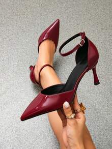 女士酒红色漆皮高跟鞋 - 优雅尖头细踝带细跟鞋，精致正装鞋，适合晚宴、约会、工作和时尚日常装扮