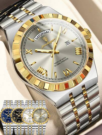 POEDAGAR 1件经典商务男士周日日期不锈钢石英表，休闲防水夜光男士腕表，时尚奢华男士腕表，适合办公场合，男士节日礼物