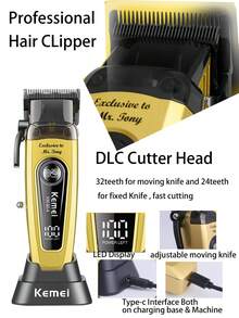 Kemei KM-90-4 Professional Hair Clipper With Charging Base, Salon-Grade, Brushless Motor, High Speed 11500 RPM, DLC Blade, Adjustable Blade, Home Use, Type-C Rechargeable - Gold - View 8