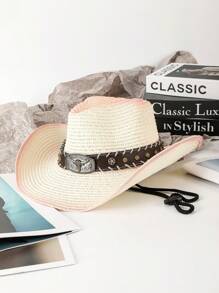 1pc Casual Bull Star Pattern Boho Rivet Bow Straw Sun Hat, Fashionable Versatile Beach Holiday Shade Hat For All Seasons
