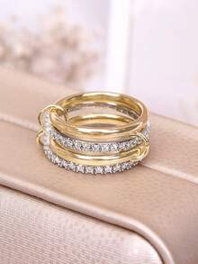 18K Gold Plated Interlocking Stackable Rings Set, Women's Personalized Rings With Cubic Zirconia, Suitable As Gifts - Serial - View 11