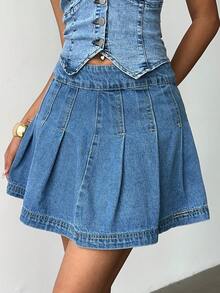 Siren Gaze Jupe plissée en jean de couleur unie style A-Line pour femme - Jean bleu - Voir 1