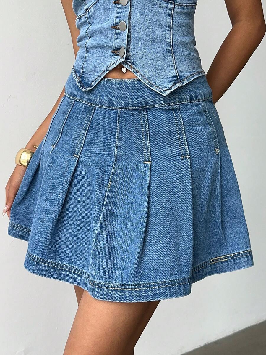 Siren Gaze Jupe plissée en jean de couleur unie style A-Line pour femme - Jean bleu - Voir 1