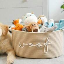 1个编织绳收纳篮，绣有“汪汪”字样 - 宠物玩具收纳篮，可存放磨牙玩具、毯子和牵引绳，海军蓝提手，可堆叠设计，个性化宠物收纳篮，适用于猫狗。宠物礼品。