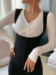 可调节钩眼扣女士腰部训练背心，紧身上衣，产后塑身衣紧身胸衣吊带内衣 - 黑色 - 查看 5