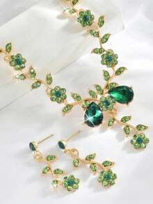 1 Set Women's Sunflower Crystal Necklace And Earring Jewelry Set, Suitable For Party, Wedding And Occasions - Green-gold - View 2