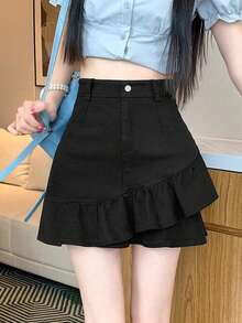 女式休闲拼布荷叶边下摆牛仔迷你裙 - 碳黑色 - 查看 3