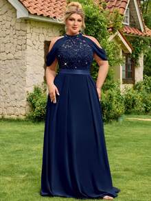 加露背亮片花卉蕾丝镂空肩部斗篷袖对比色雪纺褶皱下摆正式派对礼服舞会婚礼宾客礼服，适合毕业典礼、晚宴 - 藏蓝色 - 查看 7