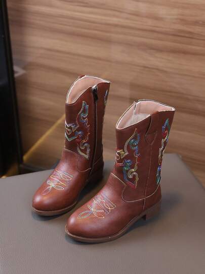 Kinder Leder-Look Westernstiefel mit Ritterverzierung, Mädchen Chelsea, Jungen Retro Britische Stiefel