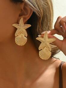 1 Pair Bohemian Exotic Starfish & Shell Texture Earrings, Unique Design, Fashionable & Elegant, Suitable For Women Beach / Holiday Wear