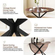 Dining Table And Chairs Set Of 2, Folding Round Dining Table With 4 PU Leather Chairs For Dining Room,Kitchen,Living Room - Brown Table + 4 Grey Linen Chairs - View 3